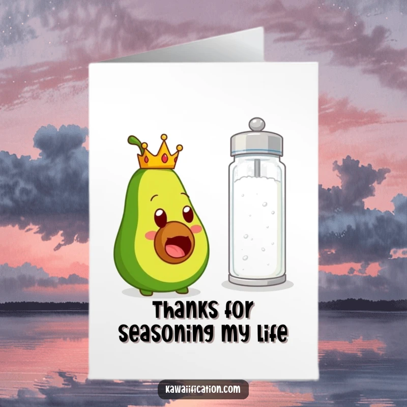 Funny Free Printable Thank You Card: Tiny-crowned avocado looking surprised by a huge salt shaker.