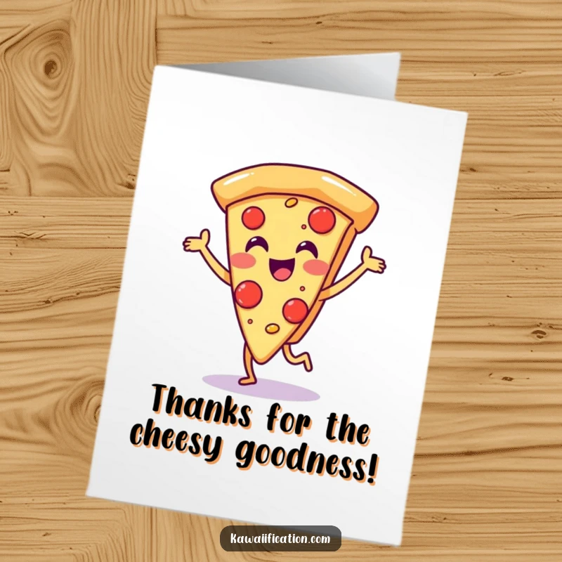 Funny Free Printable Thank You Card: A cheerful pizza slice character doing a happy dance to express gratitude.