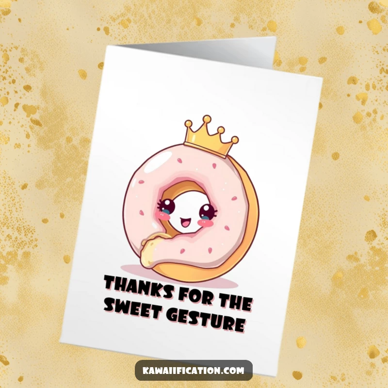Funny Free Printable Thank You Card showing a donut in a crown humorously evading a bite, conveying thanks.