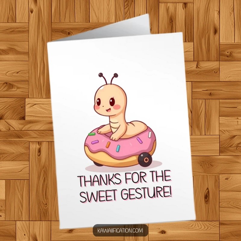 Funny free printable thank you card with a playful worm attempting to surf a rolling donut, a sweet downloadable.