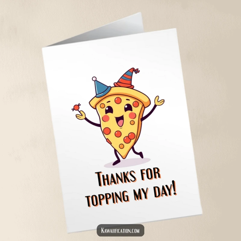Funny Free Printable Thank You Card: A pizza juggles slices, each wearing a tiny hat, expressing thanks.
