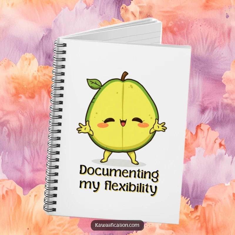 Funny Notebook with a confident avocado in a dramatic split, inspiring humorous writing and creativity.