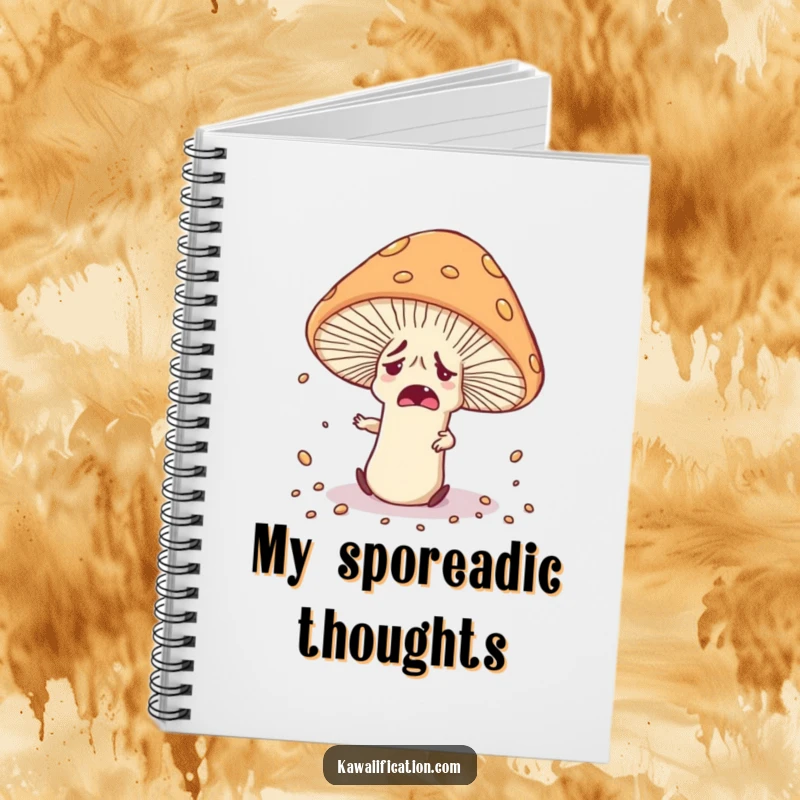 Funny nervous mushroom character tripping over its own cap, scattering spores, featured on the cover of a lined notebook.