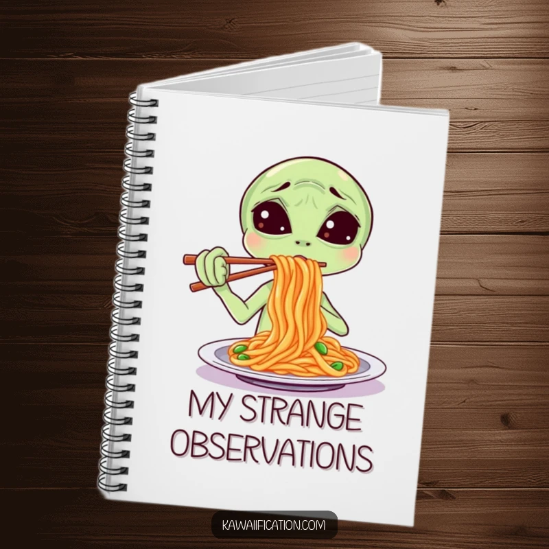 Funny Notebook cover featuring a confused alien struggling with spaghetti and chopsticks, designed to spark creative and humorous writing.