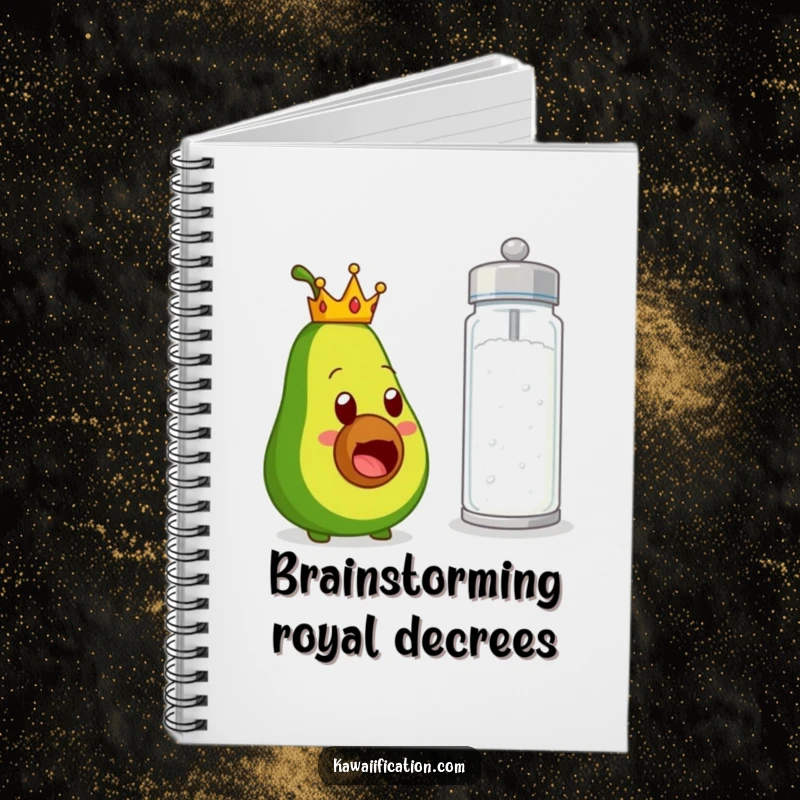 Funny notebook cover featuring a crowned avocado character looking surprised at a giant salt shaker, inspiring creative and humorous culinary notes.