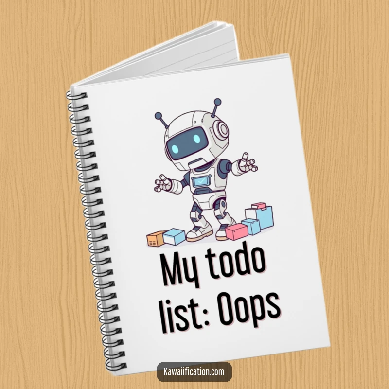 Funny notebook cover with a clumsy robot character dancing and knocking over supplies, ready for notes and doodles.