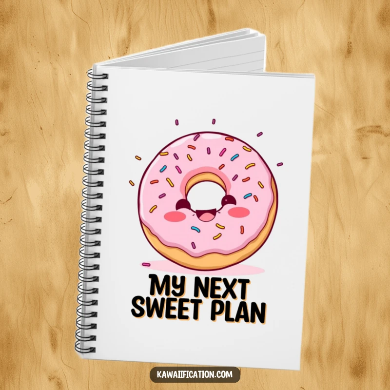 Funny Donut Confetti Notebook cover showing a delighted donut character with sprinkles falling like confetti, for joyous note-taking.