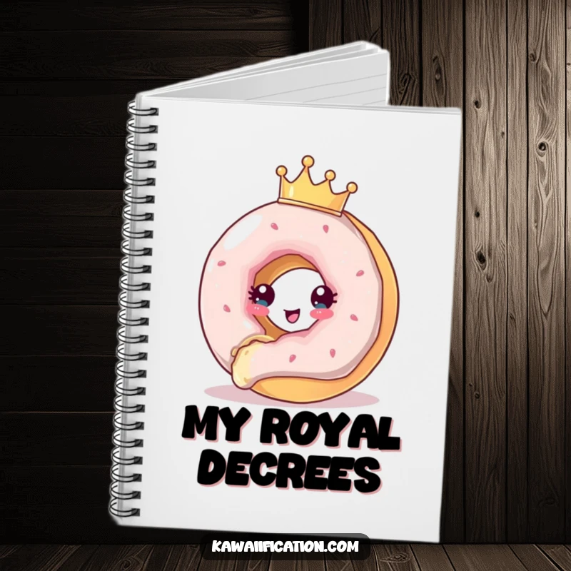 Funny Notebook cover featuring a crowned donut in a humorous escape, designed to spark creativity and sweet ideas.