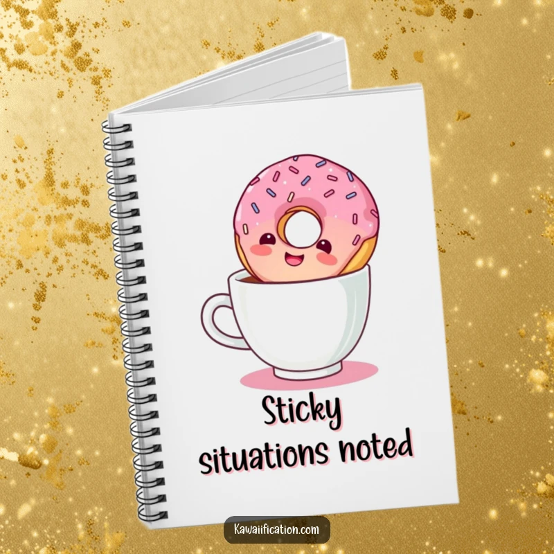 Funny notebook cover featuring a giggling donut with sprinkles floating upside down in a coffee cup.