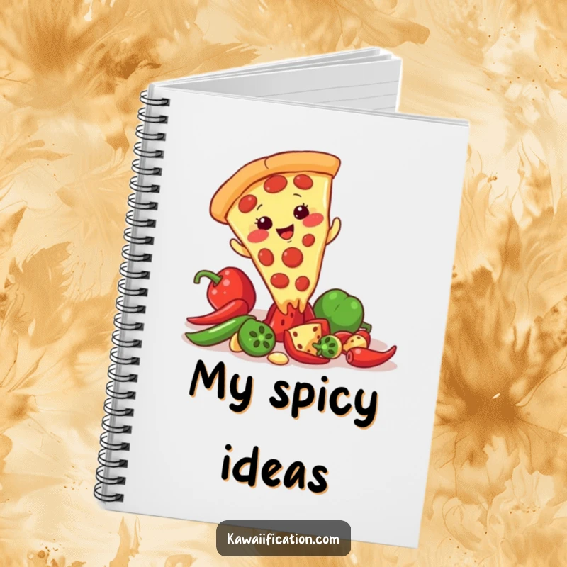 Funny notebook with a giggling pizza slice character slipping on a scattered pepper, perfect for taking notes or sketching recipes.
