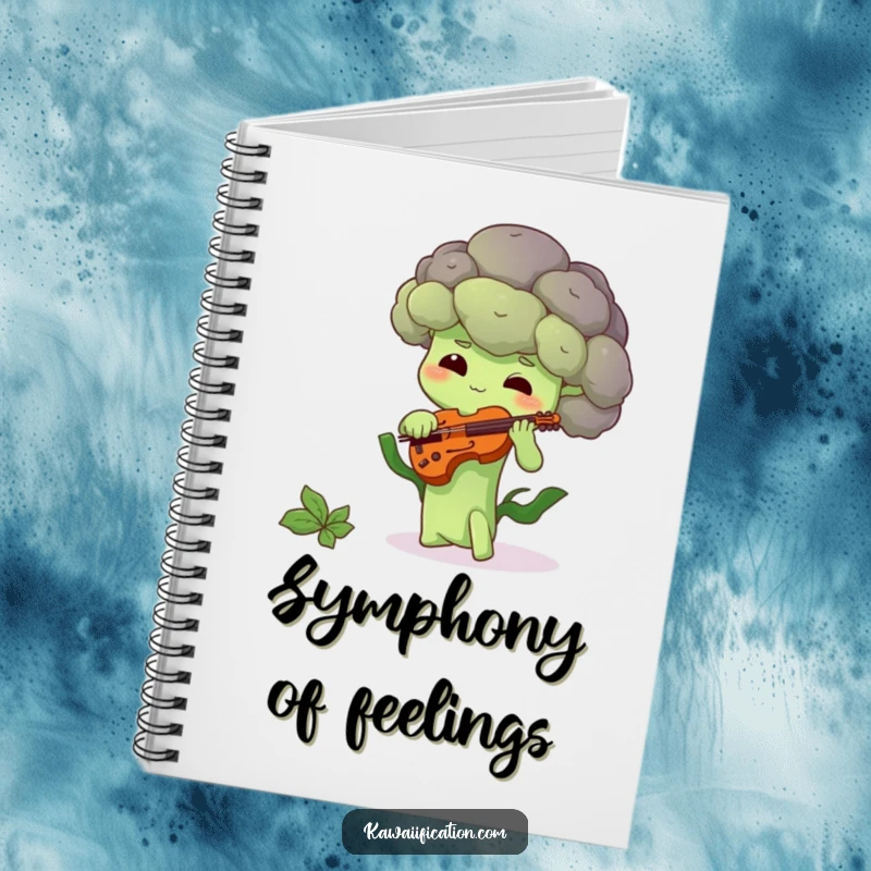 Funny notebook with a shy broccoli floret playing a tiny violin, for jotting down funny thoughts and creative ideas.
