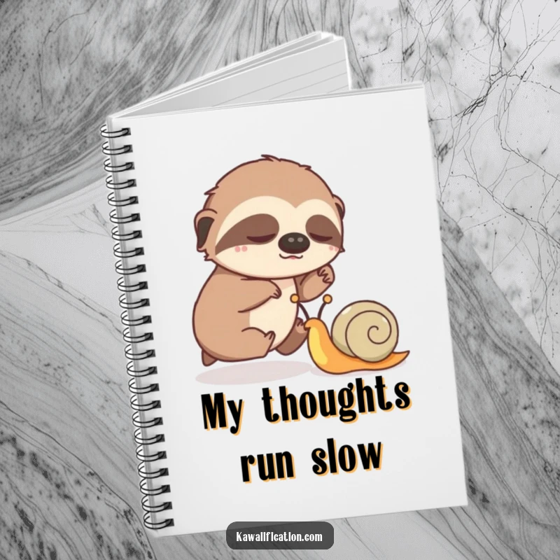 Funny notebook with a sleepy sloth humorously engaged in a race against a speedy snail.