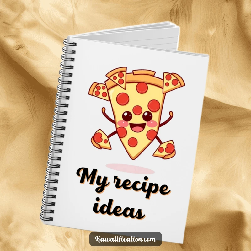 Funny pizza notebook, smiling slice juggling pepperoni slices, humorous and practical for jotting down tasty ideas.
