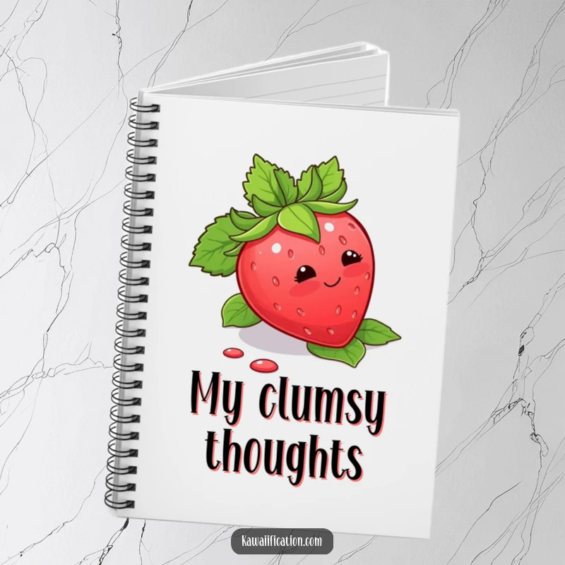 Funny Notebook with a blushing strawberry tripping over its leaves, inspiring sweet and humorous writing.
