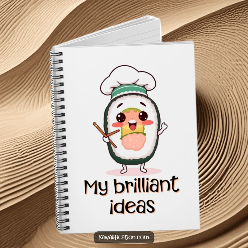 Funny notebook with a cheerful sushi roll in a chef hat, comically juggling chopsticks, ready for recording recipes and thoughts.