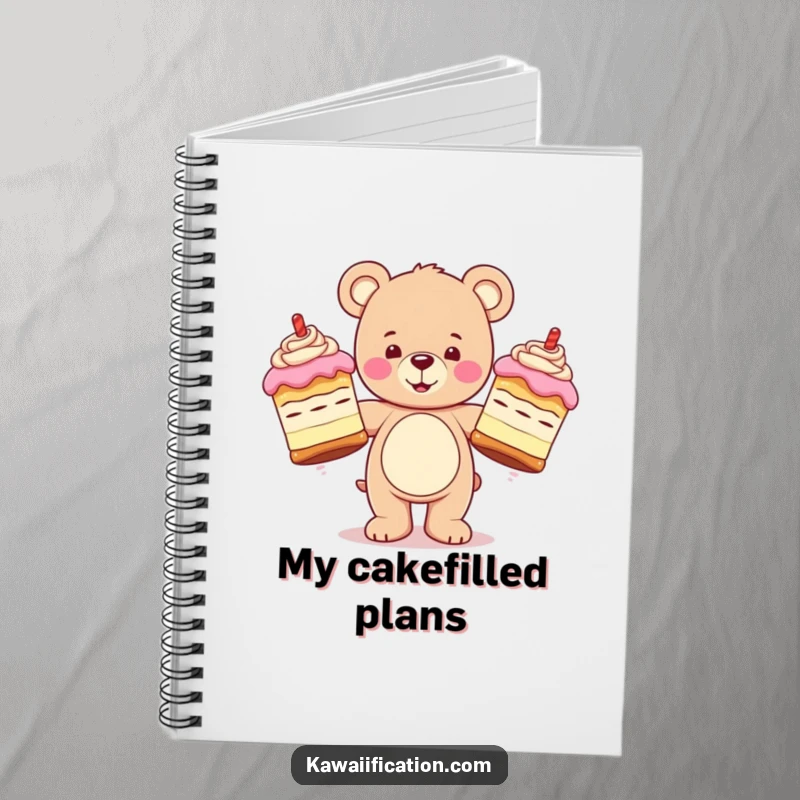 Funny notebook with a happy teddy bear character juggling three oversized, wobbly cakes, perfect for taking notes or sketching.