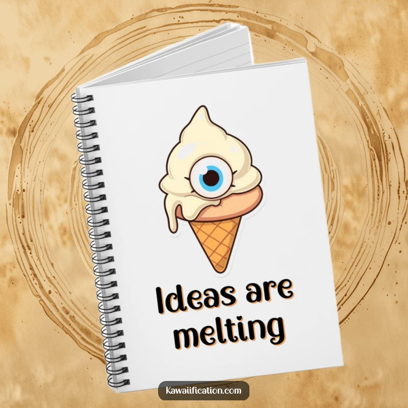 Funny melting ice cream cone with one giant eye, looking confused, a notebook for writing with a humorous, melting cartoon cover, excellent funny gift.
