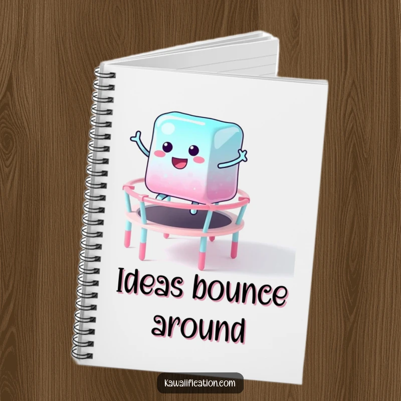 Funny notebook cover featuring a wobbly jelly cube character joyfully bouncing on a candy trampoline, inspiring sweet thoughts and creative ideas.