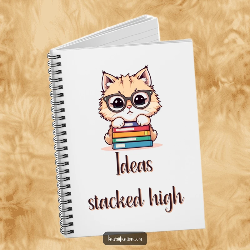 Funny notebook cover featuring a cat in glasses attempting to balance a large stack of books, ideal for studies.