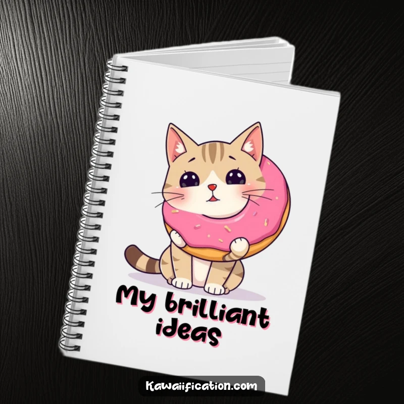 Funny wobbly cat attempting to balance a giant donut on its nose, featured on the cover of a lined notebook.