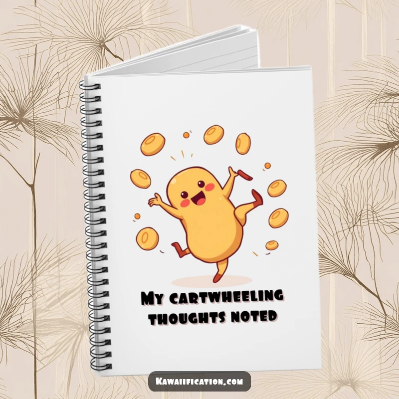 Funny hot dog character cartwheeling and juggling buns on a notebook cover, designed for energetic note-taking.