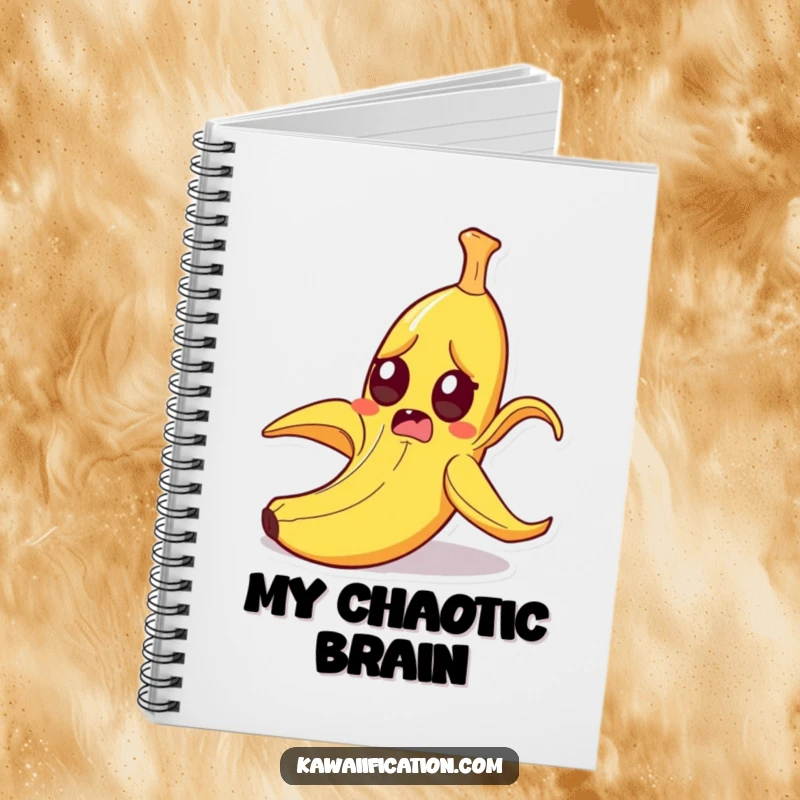 Funny startled banana peel slipping on itself with wide eyes, lined notebook with a humorous cartoon cover for writing, excellent funny gift.
