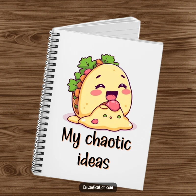 Funny Taco Spill Notebook cover showing a giggling taco character with its filling comically spilling out, for joyous note-taking.