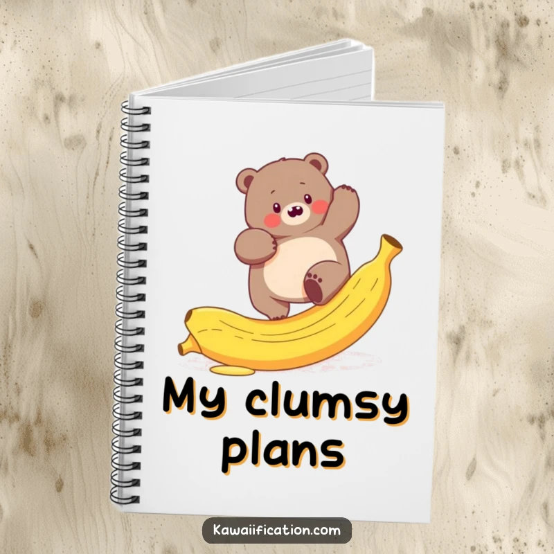 Funny notebook cover with a plump bear hilariously trying to climb a slippery banana peel, ideal for notes.