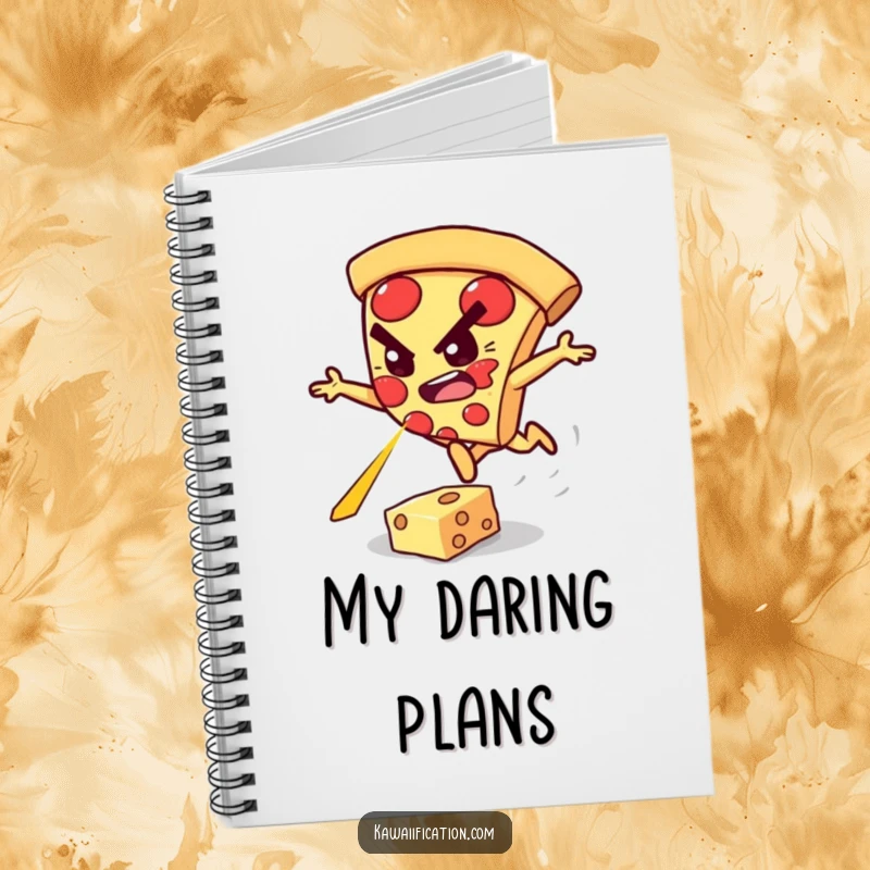 Funny notebook featuring a determined pizza slice character leaping over a cheese laser.