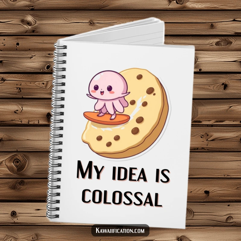 Funny notebook cover with a wobbly jelly surfing a cookie, inspiring humorous thoughts and creative writing with a dessert theme.