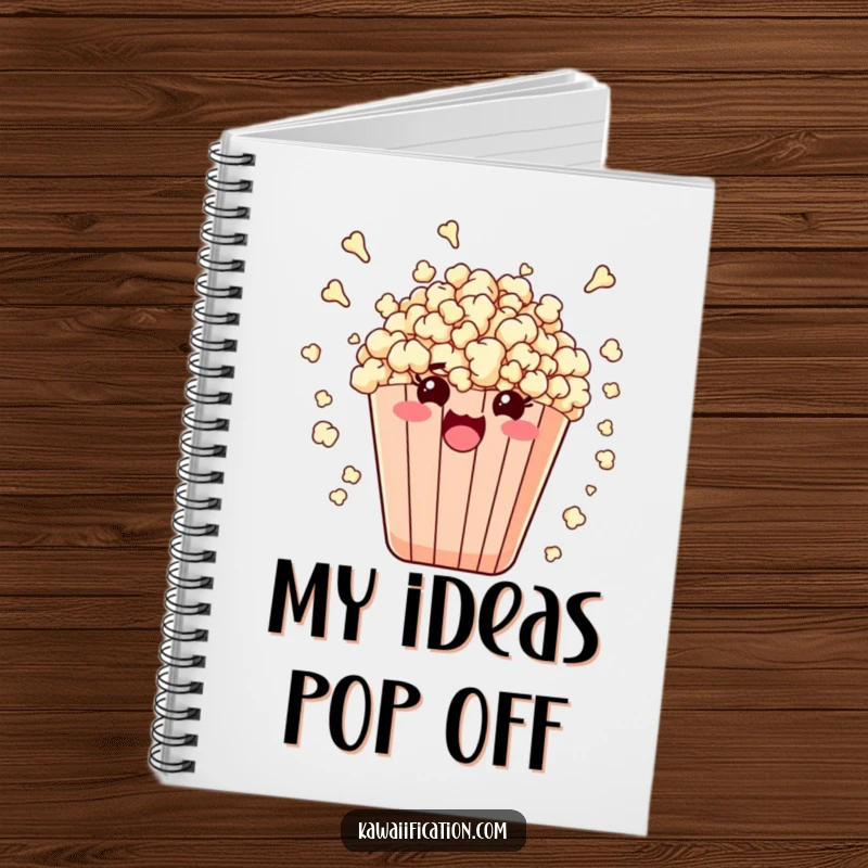 Funny notebook featuring a bag of popcorn comically bursting outwards, symbolizing energetic and exciting thoughts.