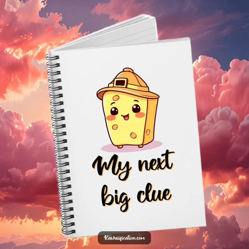 Funny cheese slice in a detective hat, holding a notepad, a humorous notebook for clues.