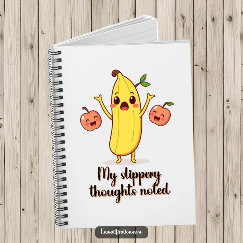 Funny surprised banana peel juggling laughing apples on a notebook cover, designed for humorous note-taking.