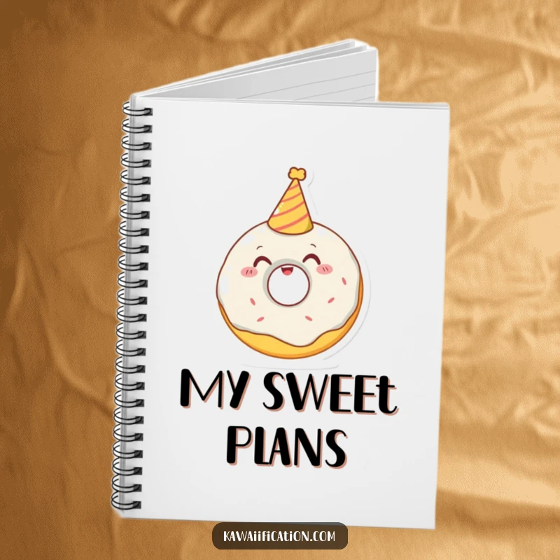 Funny notebook cover showing a delighted donut character trying to wear a tiny party hat, perfect for jotting down sweet ideas.