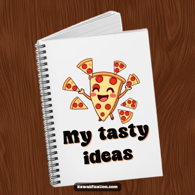 Funny notebook cover with a smiling pizza slice juggling pepperoni, ideal for recipe notes and ideas.