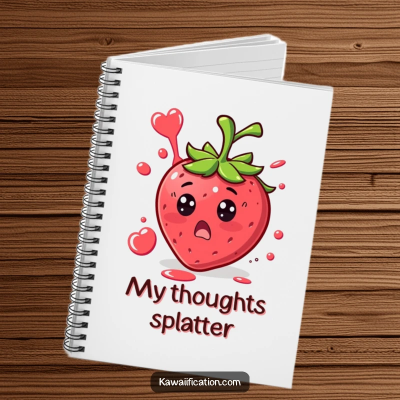 Funny Strawberry Surprise Notebook cover showing a surprised strawberry character with juice splattering in a funny shape, for joyous note-taking.