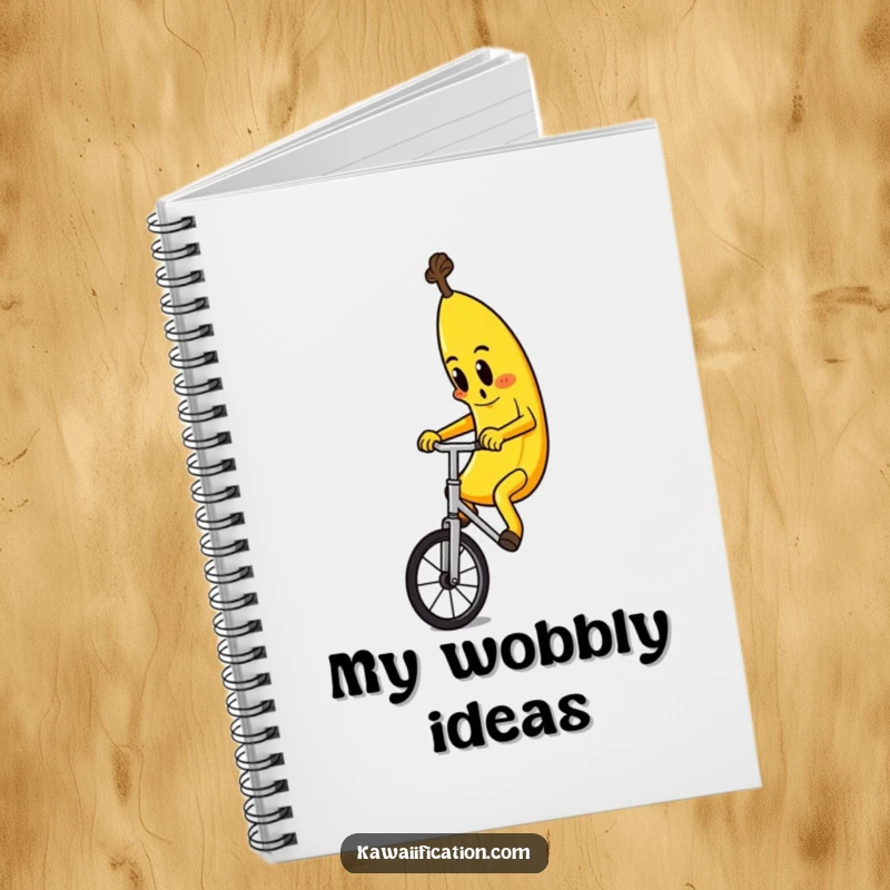 Funny notebook with a determined banana character riding a unicycle, designed for jotting down funny thoughts and ideas.