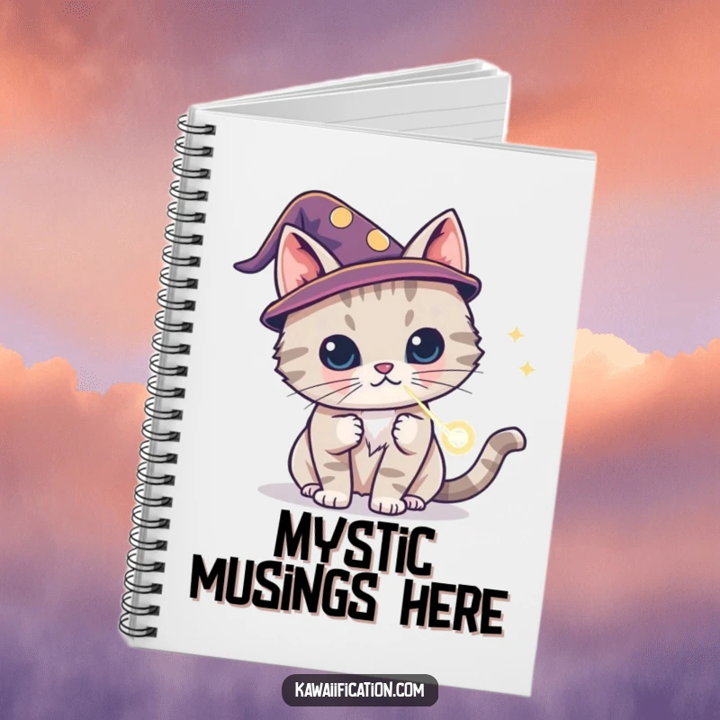 Funny cat wizard notebook wearing a tiny hat, conjuring a laser dot, journal for magical thoughts, perfect funny gift.