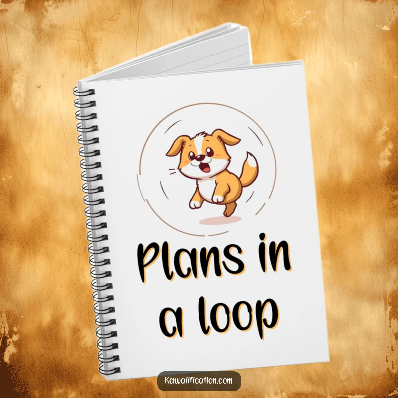 Funny notebook cover with a dog spinning in a dizzy spiral while chasing its tail, great for notes.