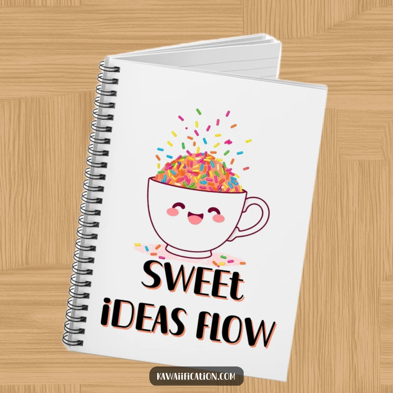 Funny notebook cover with a teacup overflowing with dancing sprinkles, ideal for creative notes.