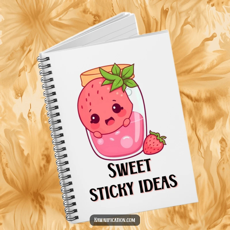 Funny cheerful strawberry stuck in a jam jar, looking surprised, a notebook with a humorous cartoon cover of a surprised fruit, excellent funny gift.