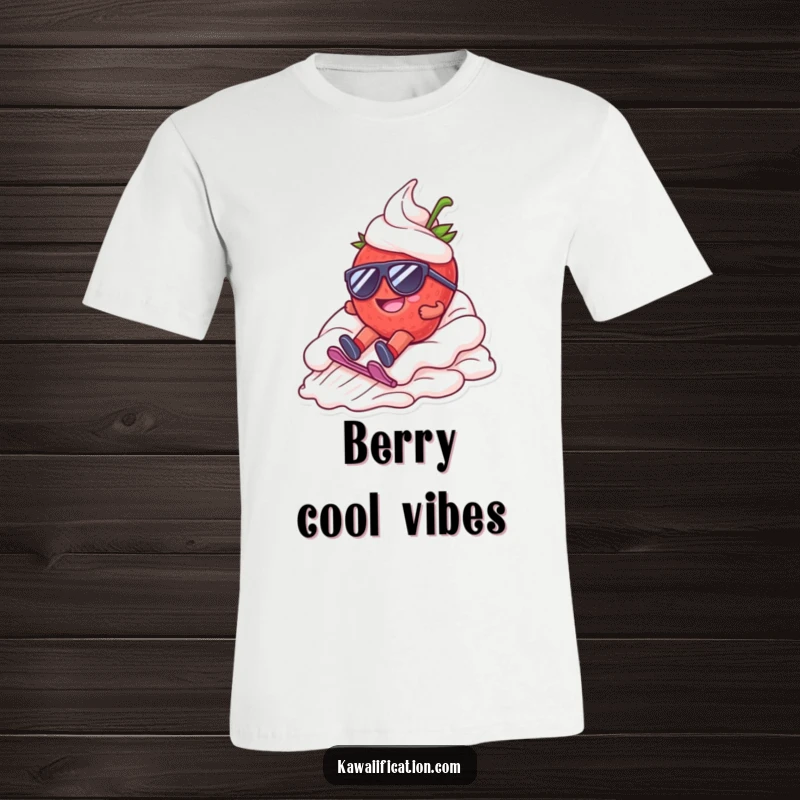 Funny t-shirt showing a happy strawberry character wearing sunglasses, dramatically sliding down a whipped cream mountain with glee.