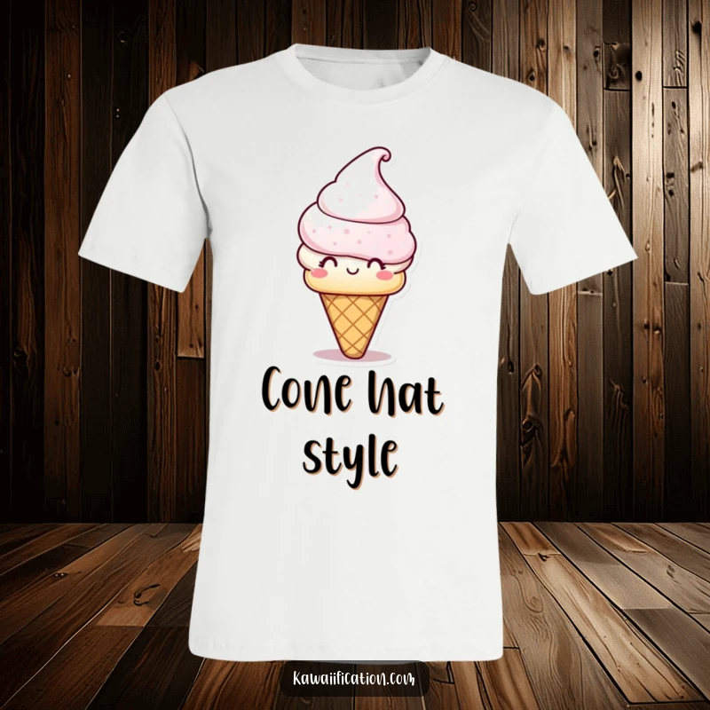 Funny T-Shirt: A cheerful ice cream cone character sporting a cone-shaped hat. Playful and sweet design, a great funny gift.