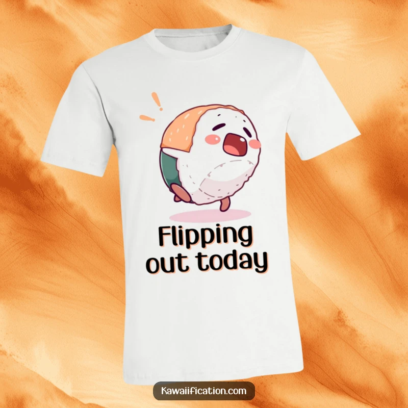 Funny t-shirt depicting a startled sushi piece character doing a hilarious backflip, capturing playful energy and unexpected moves.