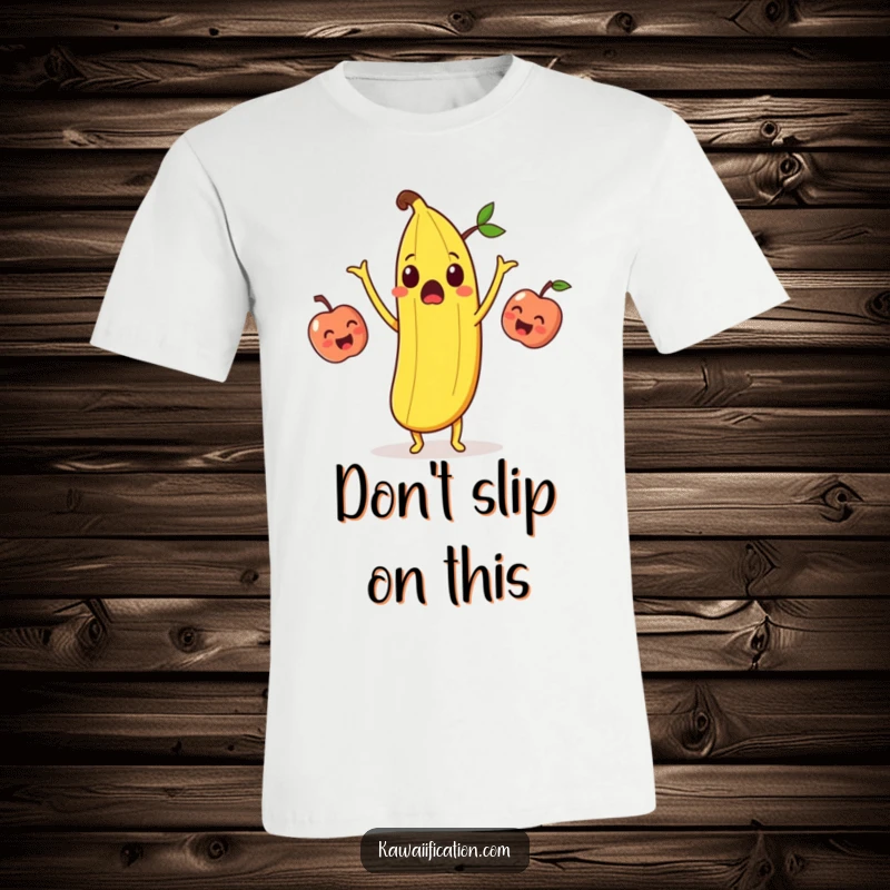 Funny surprised banana peel juggling laughing apples on a t-shirt, showcasing a humorous and fruity design.