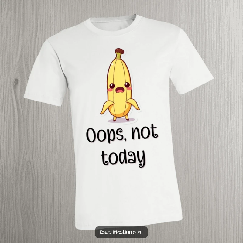 Funny t-shirt depicting a startled banana character losing its peel in a comical slip, evoking surprise and laughter.
