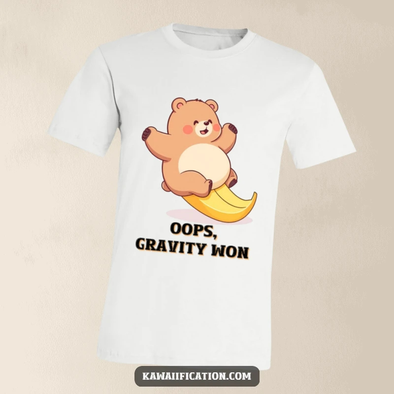 Funny bear t-shirt illustrating a plump bear hilariously attempting to climb a very slippery banana peel, highlighting comical failure.