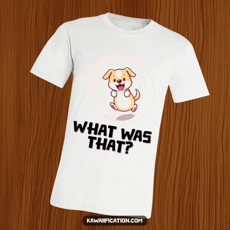 Funny dog t-shirt, bewildered dog chasing its tail in a dizzying spiral, a humorous and energetic design for casual wear.