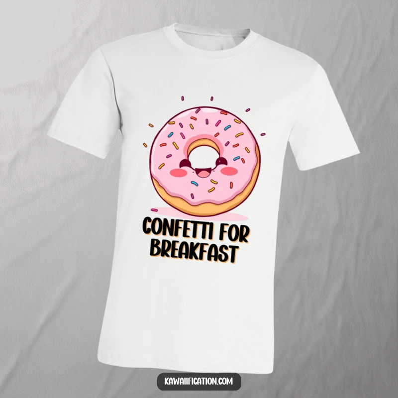 Funny Donut Confetti T-Shirt design of a delighted donut character with sprinkles raining down like confetti, a cheerful and celebratory graphic.