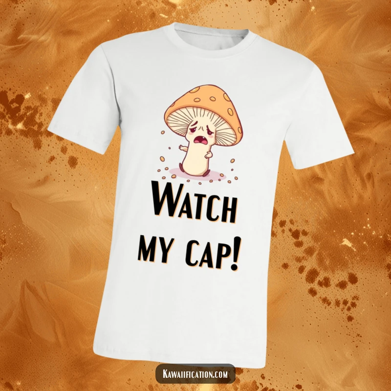 Funny nervous mushroom character tripping over its own cap, scattering spores, printed on a t-shirt.